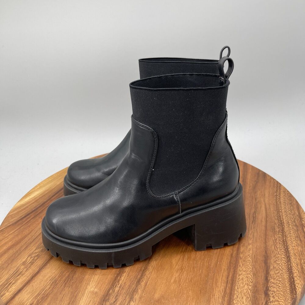 Asos Design Boots Womens Size 7 W Black Faux Leather Rowan Chunky Chelsea Casual - Picture 3 of 9